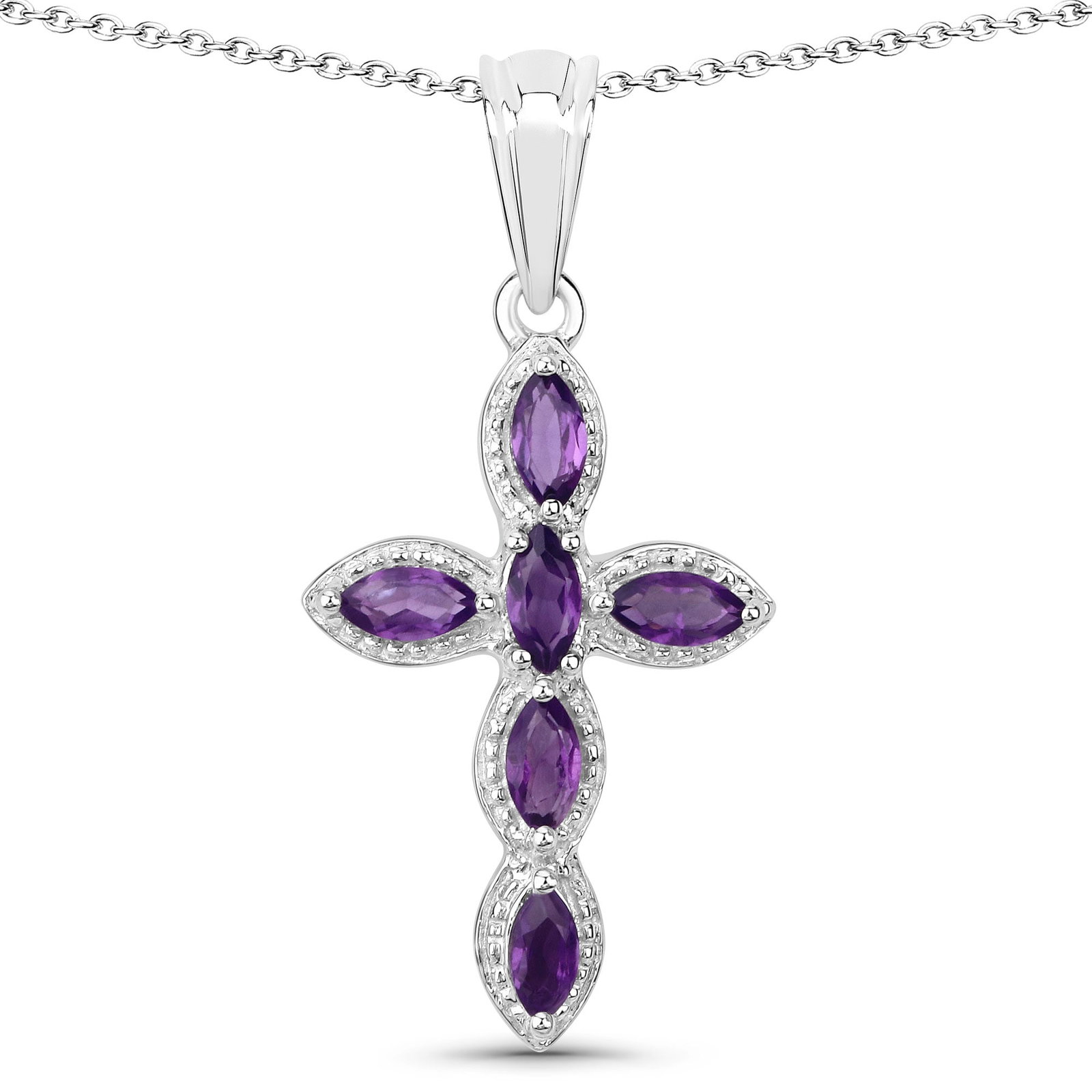 Genuine Marquise-Cut Amethyst Cross Necklace: Setting: Sterling Silver .925 Primary Gemstone: Genuine Amethyst Dimensions: 1.5" x 3/4" Length: 18" Weight: 4.68g This sterling silver necklace features a religious cross that is made up of .90 carat