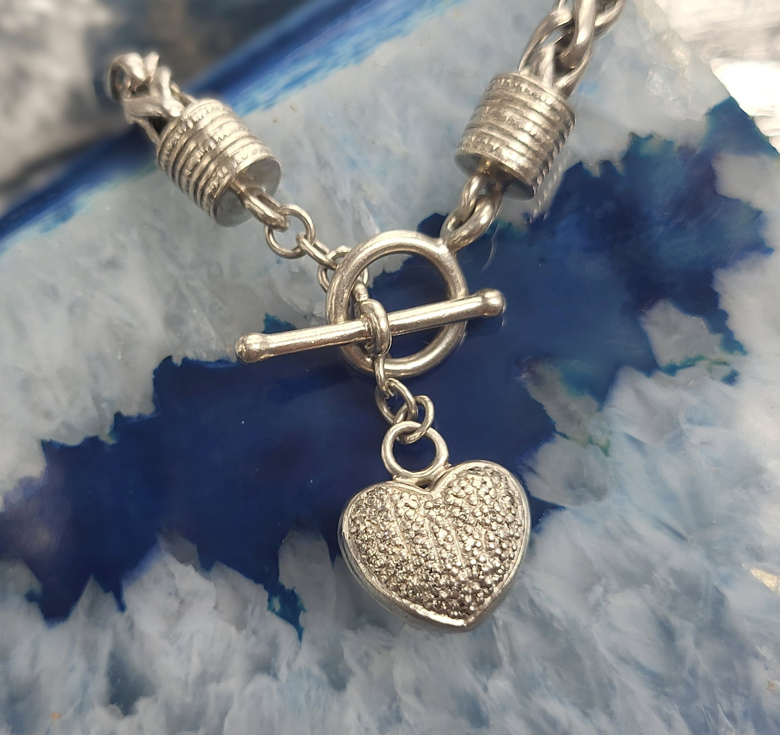 Sterling Silver Toggle Bracelet with Dangling Pave' Diamond Heart (1 of 9)