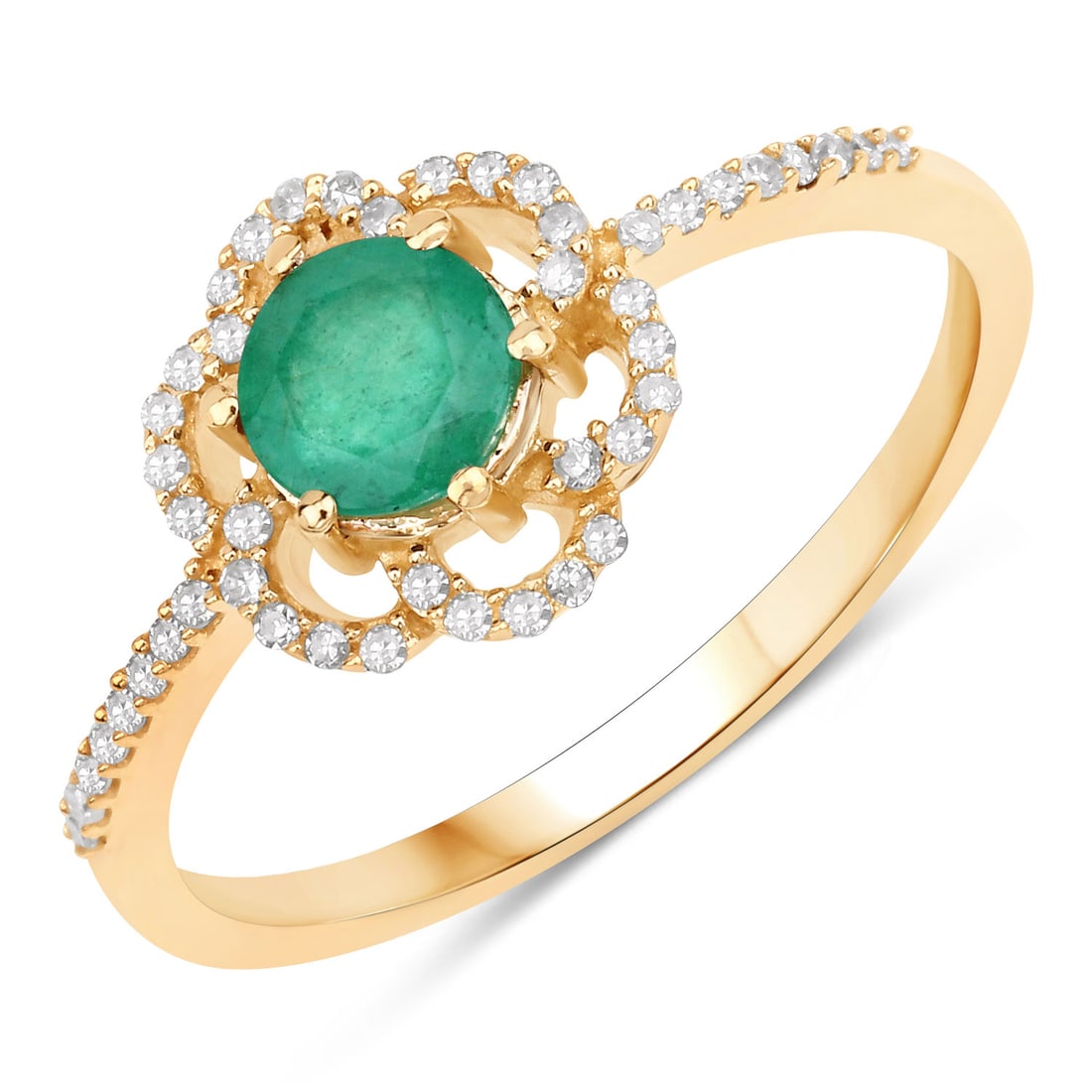 Zambian Emerald and Genuine Diamond Flower Ring: 21100108 Setting: 14K Yellow Gold Primary Gemstone: Genuine Zambian Emerald Secondary Gemstone: Genuine, Natural Diamond Size: US 8 Weight: 2.01g Birthstone for: MAY This 14 karat yellow gold ring spa