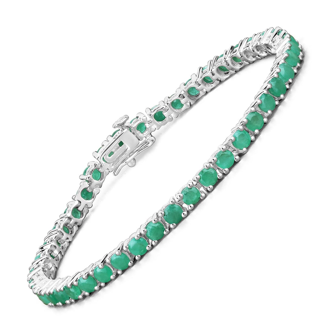 7.48 CTW Emerald Eternity, Tennis, Line Bracelet: 29100178 Setting: Sterlng Silver .925 Primary Gemstone: Genuine Emerald Length: 7.5" Closure: Hidden Box Clasp and Figure 8 Safety Clip This sterling silver bracelet features 7.48 carats of round, fac