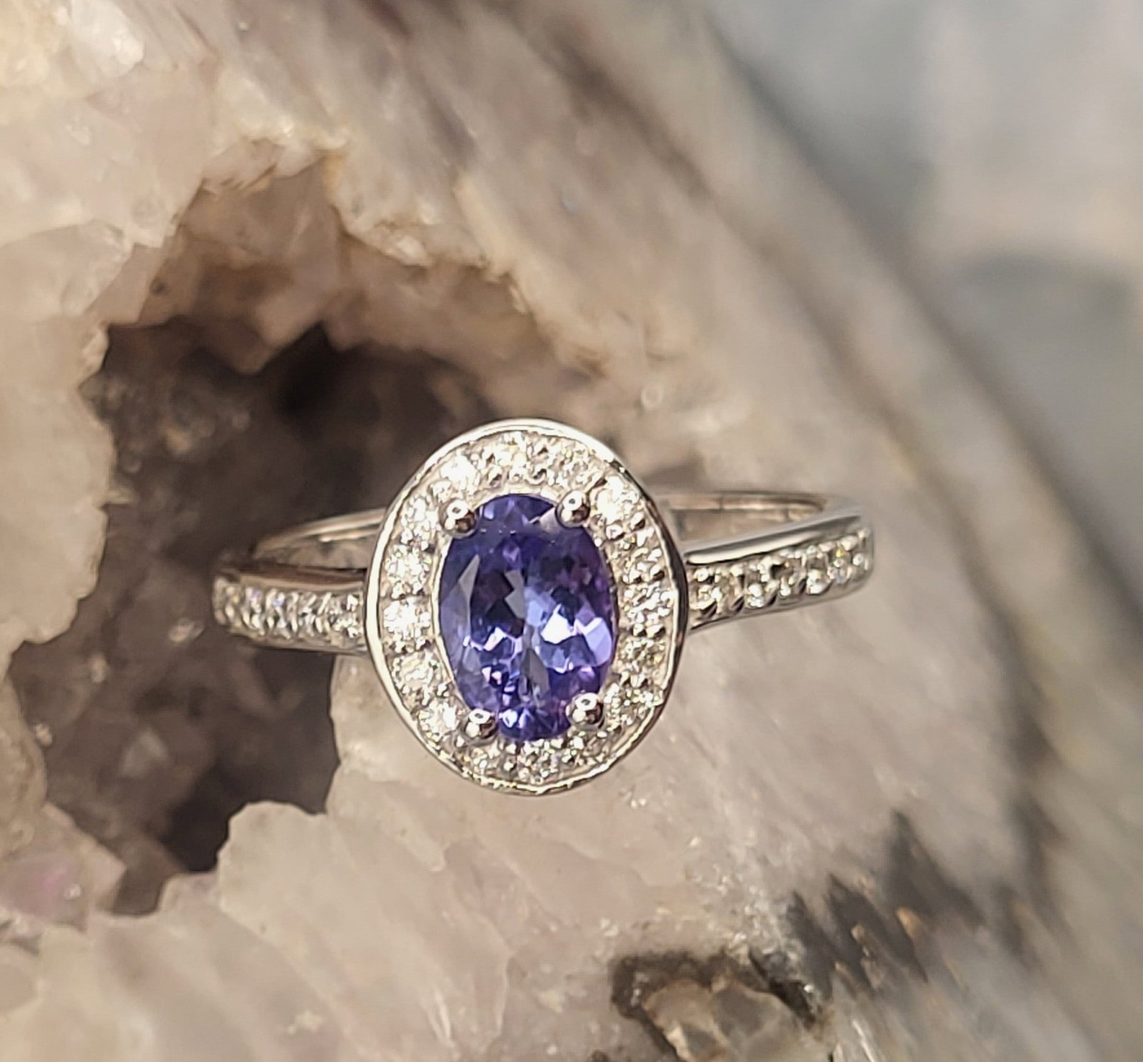 Genuine Tanzanite and Lab-Grown Diamond Halo Ring .925 - 7