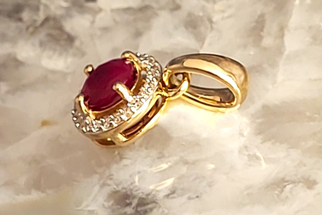 Genuine Ruby and Natural Diamond Halo Pendant 14K - 7