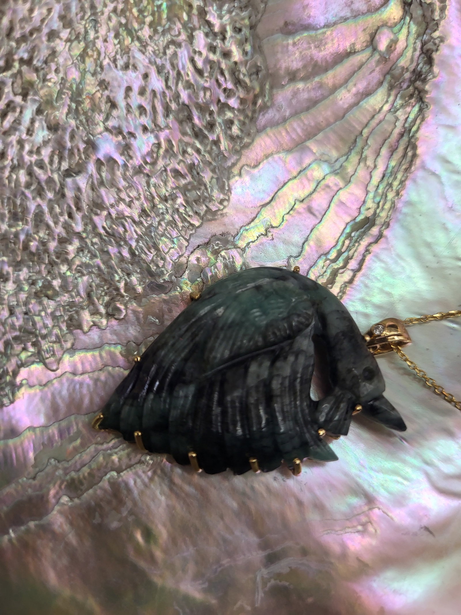 Carved Emerald Peacock Necklace and Diamond Accent - 2