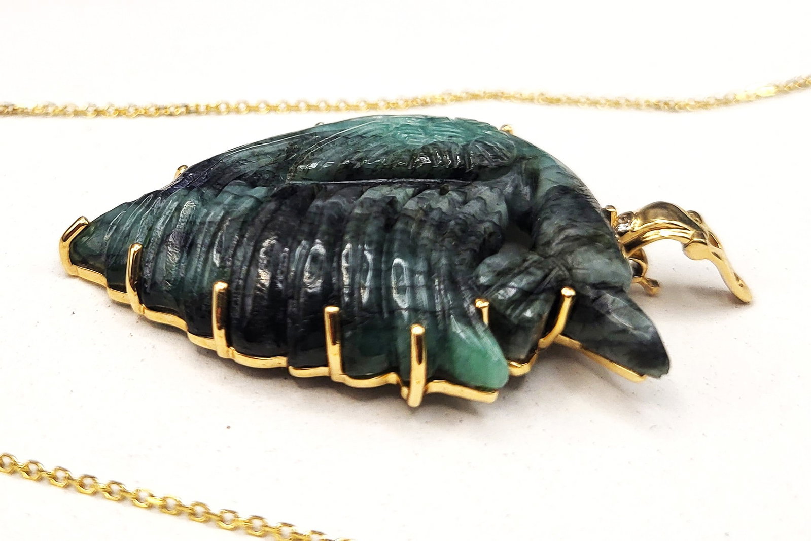 Carved Emerald Peacock Necklace and Diamond Accent - 7