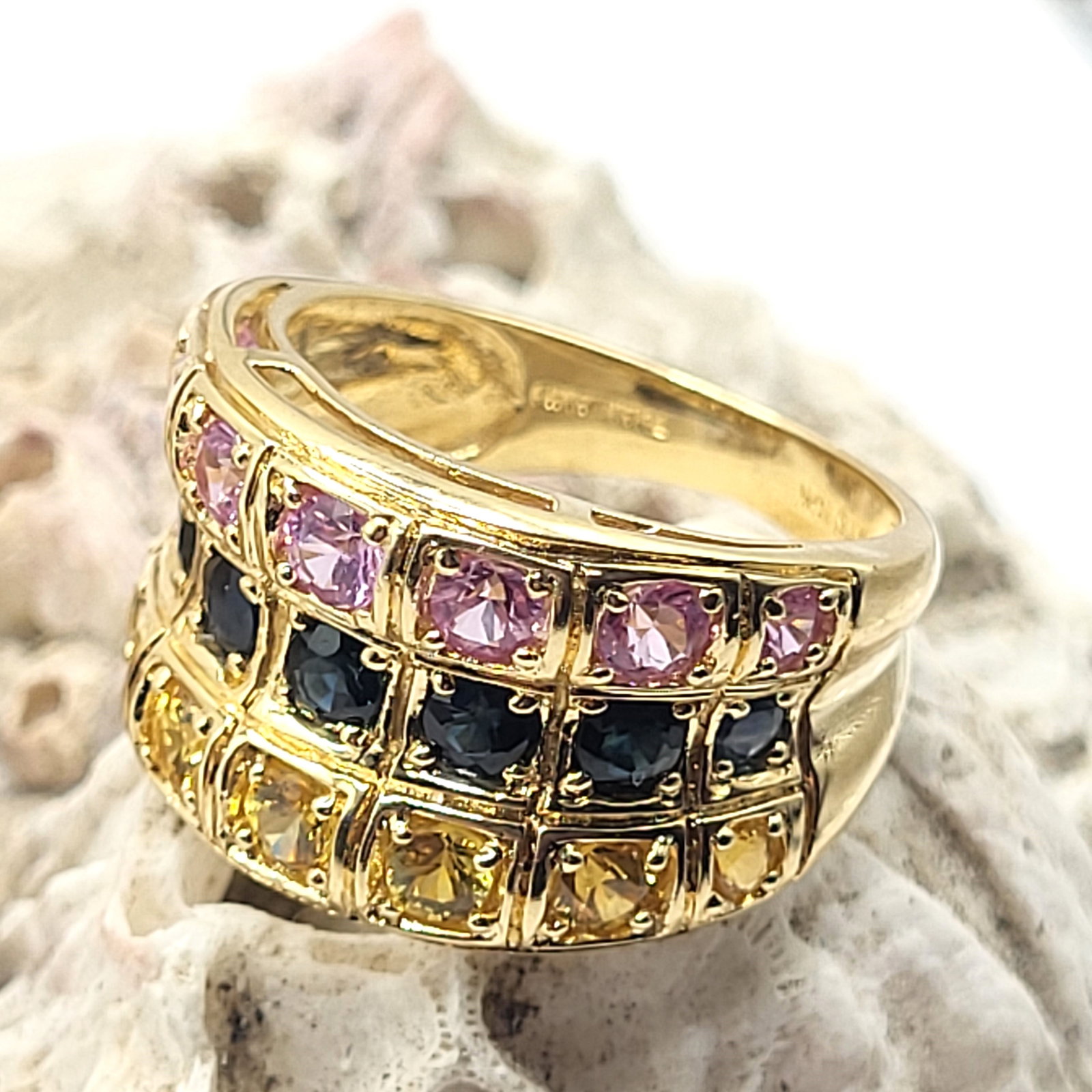 Multi-Colored Sapphire Concave Wide Band Ring - 7