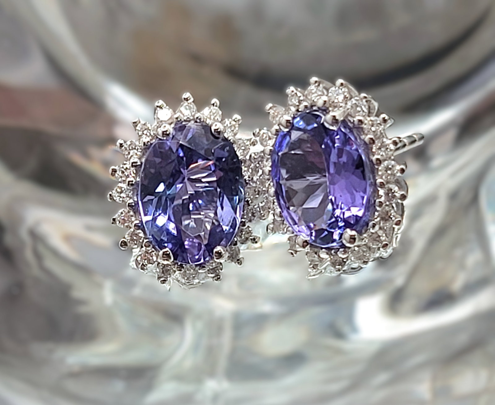 Stunning Oval Tanzanite and Diamond Halo Earrings 14KW - 7