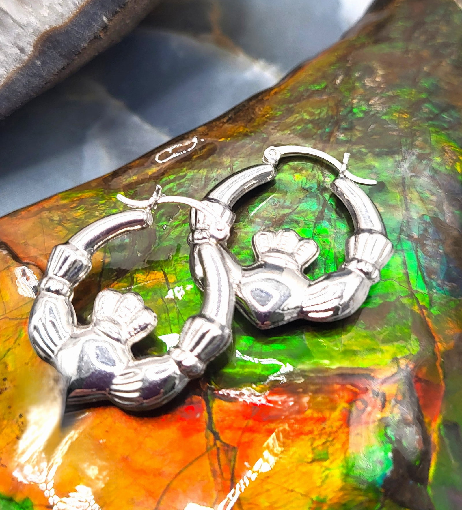 Love of the Irish White Gold Claddagh Hoops - 2