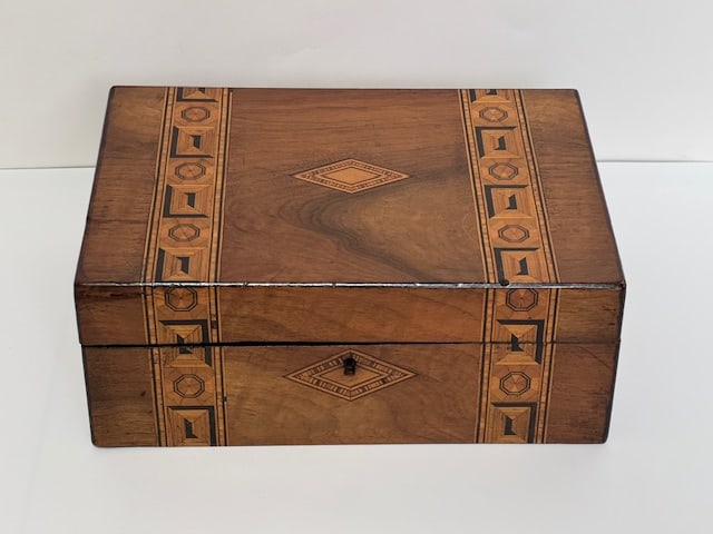 Antique British Walnut Tunbridgeware Box with Working Lock & Key (1 of 3)
