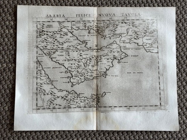 1562 Map of Saudi Arabia: 1562 Map of Saudi Arabia Arabian Peninsula 11.75” x 9”. From “Geographia Cl. Ptolomaei Alexandrini” by Joseph Moletio. Printed by Vincent Valgrisi, Venice. 1562. Beautifully engrav