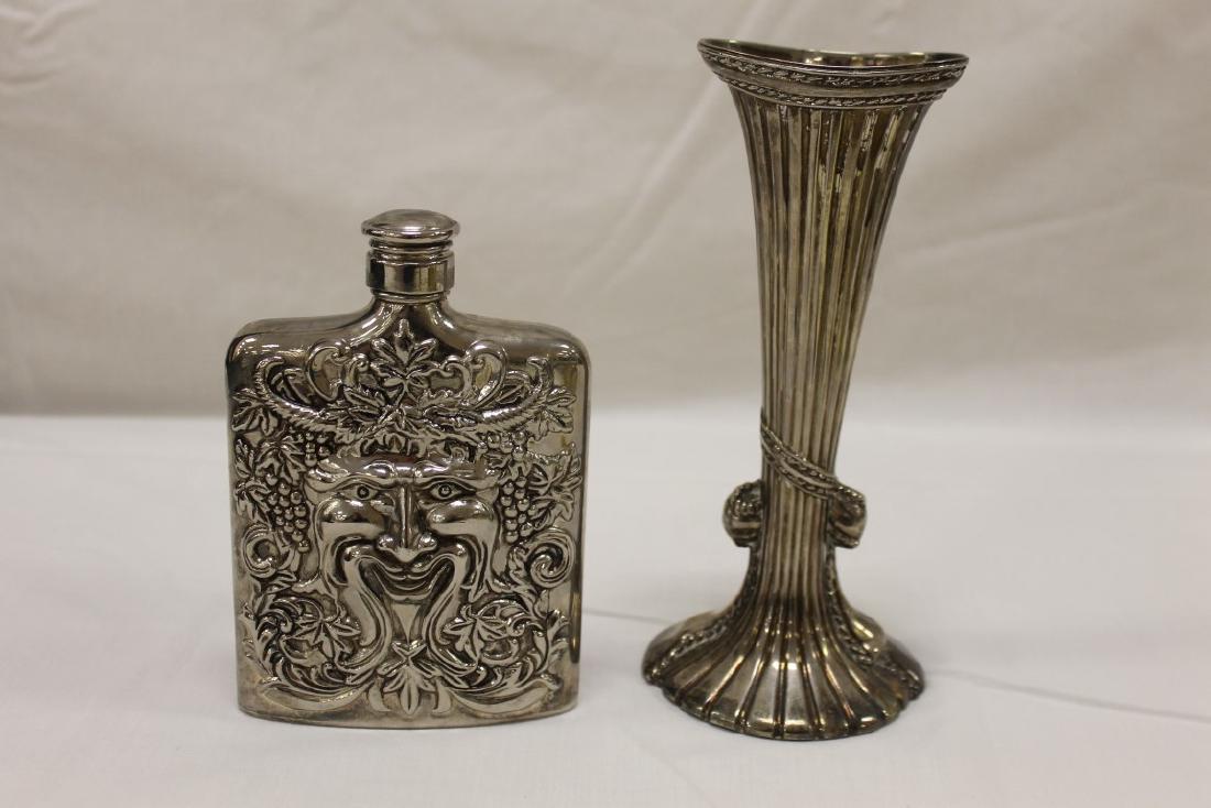 Godinger silver plate Bacchus flask and 7 5/8" vase. (1 of 2)