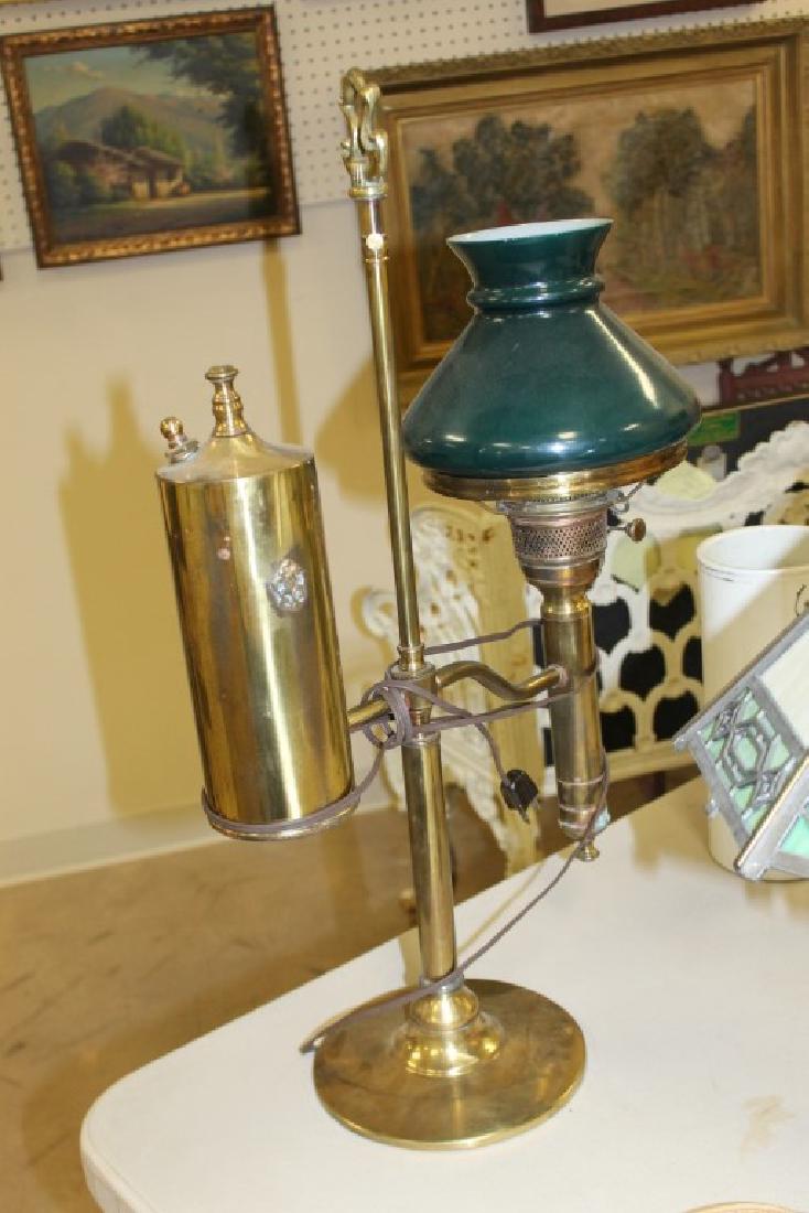 Brass student lamp with cased green shade, marked (1 of 1)