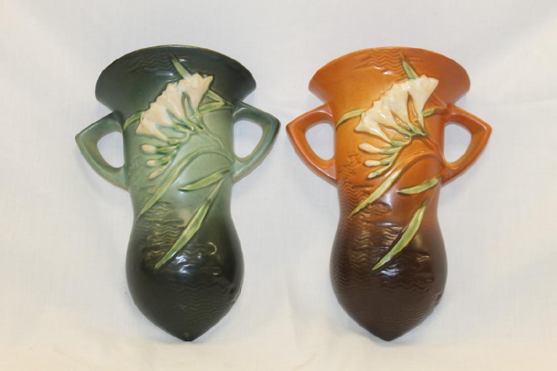 (2) Roseville Freesia wall pockets, #1296-8".  Green (1 of 2)