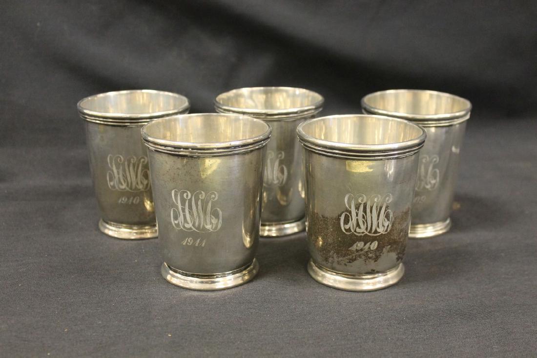 (5) RW&S sterling silver footed julep cups, 3 3/4",: (5) RW&S sterling silver footed julep cups, 3 3/4", minor denting. All with monogram, (2) dated 1910, (2) dated 1911, (1) dated 1909. 25.615 ozt.