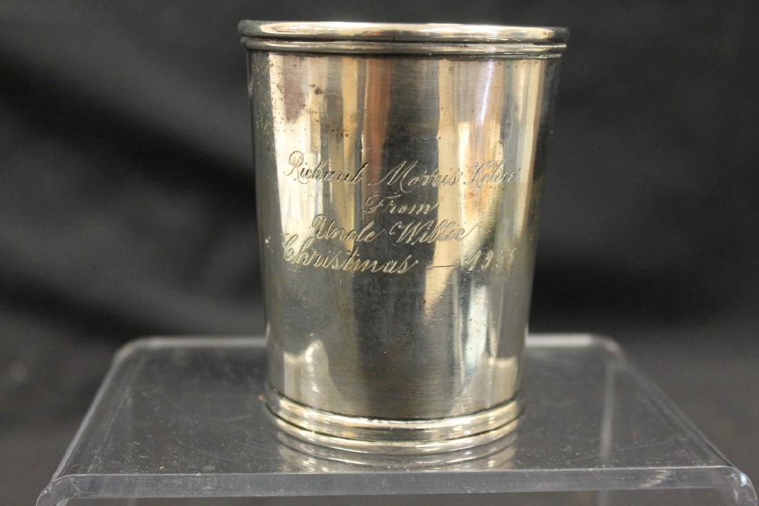 The Duhme Co. Cincinnati sterling silver julep cup,: The Duhme Co. Cincinnati sterling silver julep cup, "Richard Morris Kehoe From Uncle Willie Christmas - 1936". 3 3/4", 5.42 ozt.
