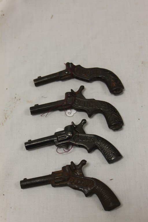 Cap Guns:: Cap Guns: Stevens Cowboy, 1935, 3 1/2"; Stevens Pluck, 1930, 3 1/2", slight variation from those in book, with small nib under cylinder; Stevens Pluck, 1895, 3 1/2", with octagonal barrel; Rare Steven