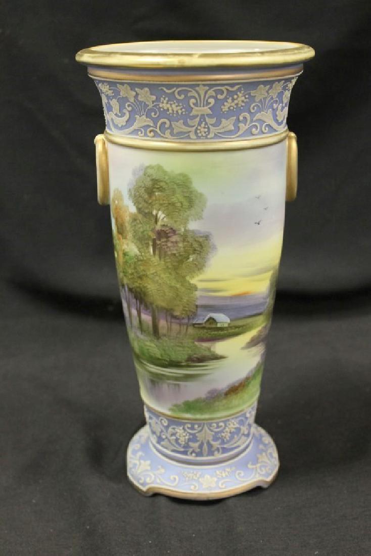 Nippon Green M in wreath 11" ring handle vase with blue (1 of 4)