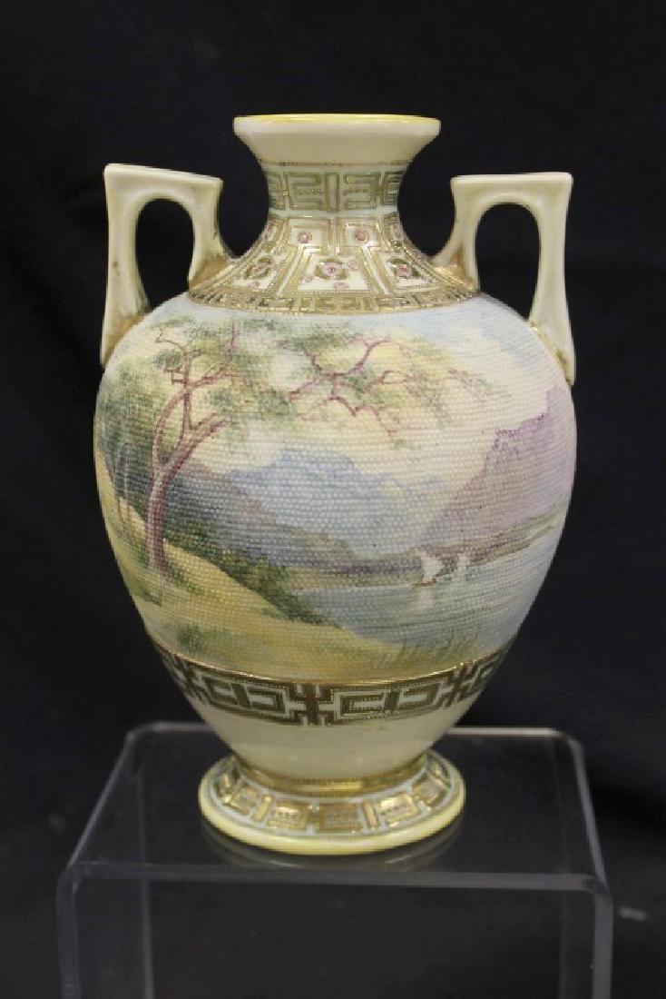 Unmarked Nippon landscape tapestry 8" 2-handle vase (1 of 4)