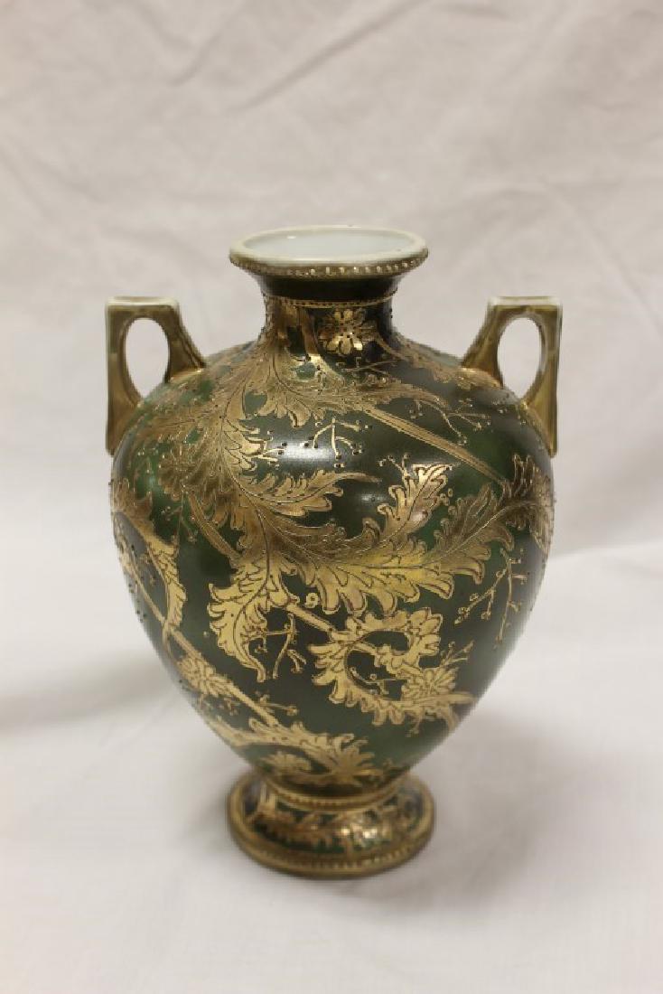 Nippon Green Maple Leaf 8 1/4" gold leaf swirl 2-handle (1 of 3)