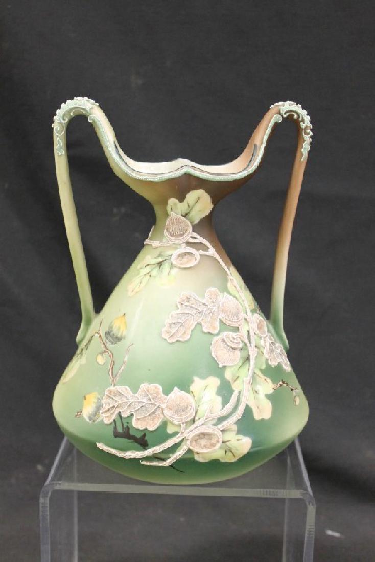 Unmarked Nippon 8 1/4" loop handle vase with moriage (1 of 4)