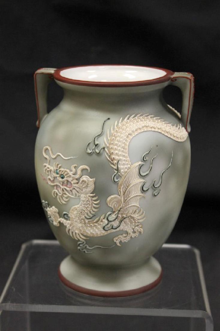 Nippon Green M in wreath 5 1/2" vase with Moriage (1 of 4)