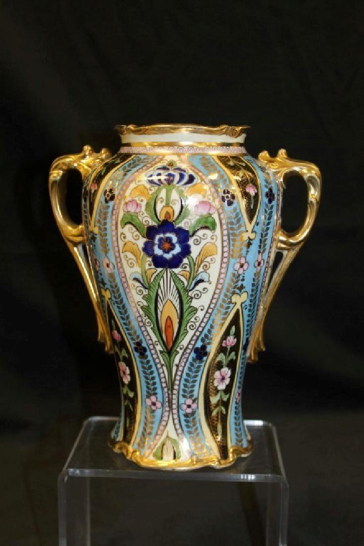 Nippon Green M in wreath 9" Gouda style 2-handle vase, (1 of 4)