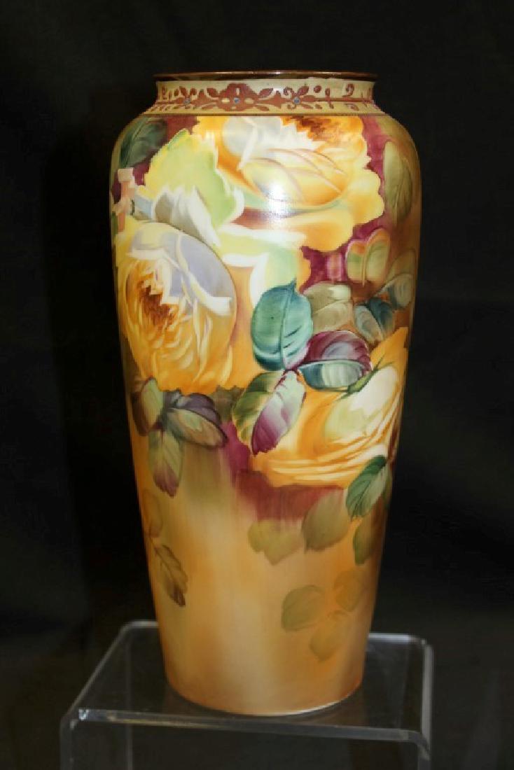 Nippon Green M in wreath rose decorated tapered: Nippon Green M in wreath rose decorated tapered cylinder vase with moriage band at rim.