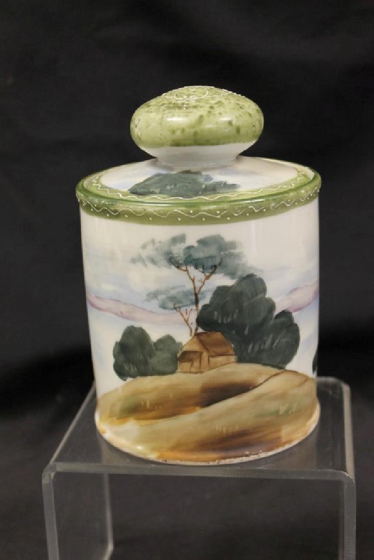 China E-Oh Hand Painted Nippon 6 1/2" humidor with: China E-Oh Hand Painted Nippon 6 1/2" humidor with cottage on a hill.