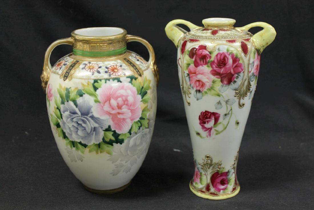 Nippon vases:  Green M in wreath poppy decorated 8 1/4" (1 of 2)