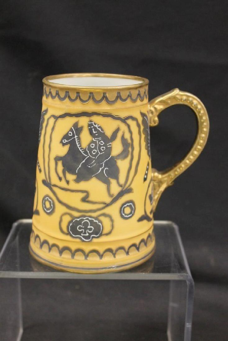 Nippon Green M in wreath 5 3/8" mug with rider on horse: Nippon Green M in wreath 5 3/8" mug with rider on horse and Egyptian symbols