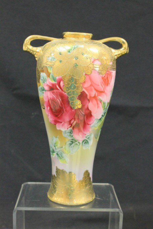 Unmarked Nippon rose decorated 10 1/4" vase (1 of 4)