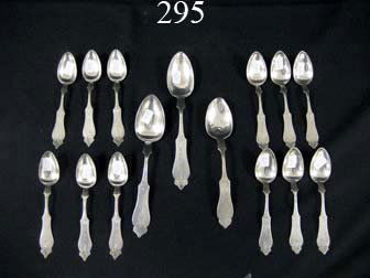 (15) coin silver spoons: (2) Duhme & Co., Cincinn: (15) coin silver spoons: (2) Duhme & Co., Cincinnati tablespoons; George Wolf tablespoon; (6) Duhme & co. teaspoons; (6) D.A. Lamb teaspoons.