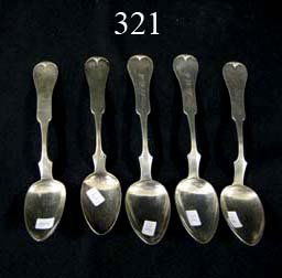 (5) Duhme & Co. coins silver serving spoons.: (5) Duhme & Co. coins silver serving spoons.