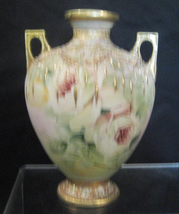 Nippon Blue maple leaf 8" 2-handle vase with raised: Nippon Blue maple leaf 8" 2-handle vase with raised gold beads and jewels. Gold wear at top and handles.