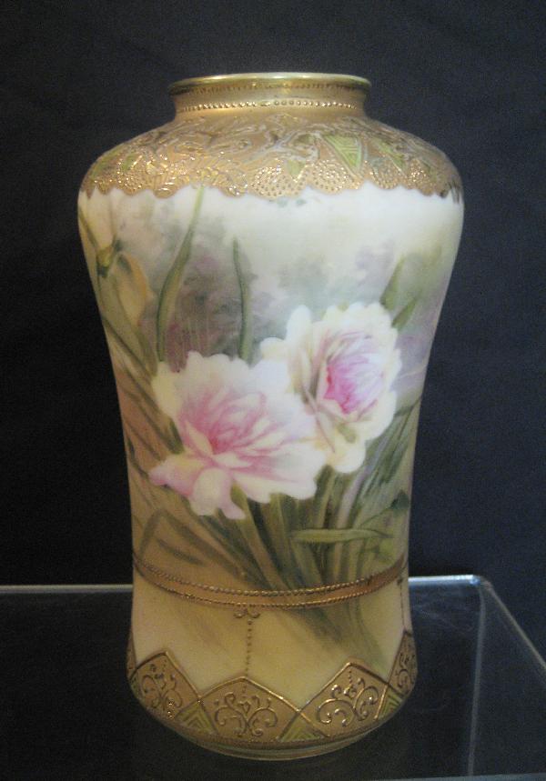 Nippon Blue maple leaf satin finish vase with gold: Nippon Blue maple leaf satin finish vase with gold and floral decoration. Gold wear at rim.