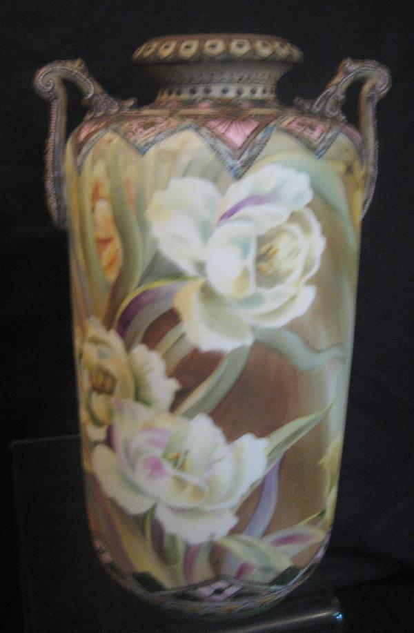 Nippon Green M with wreath satin finish 11" tulip: Nippon Green M with wreath satin finish 11" tulip decorated vase with art deco base and shoulder decoration.