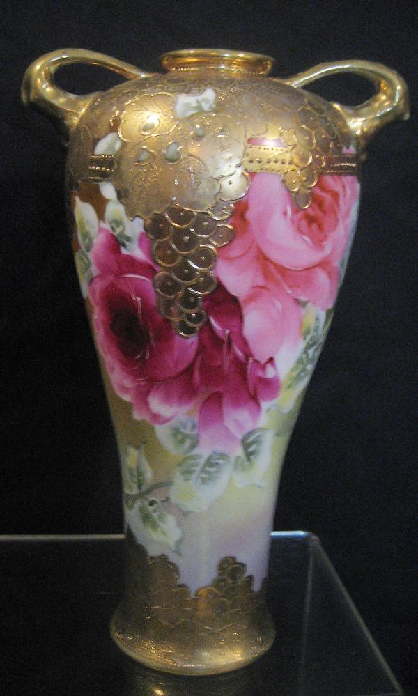 Unmarked Nippon 10" rose decorated vase : Unmarked Nippon 10" rose decorated vase with heavy gold leaf and grape decoration.