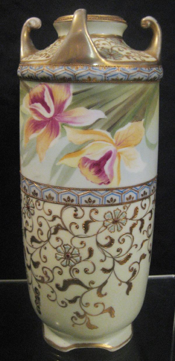 Nippon Green M with wreath 11" iris band and gold: Nippon Green M with wreath 11" iris band and gold enamel decorated vase.