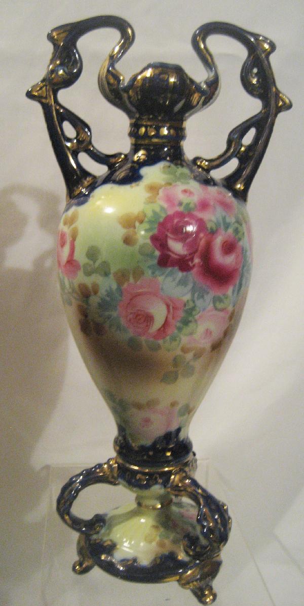 Unmarked Nippon 14 1/2" 2-pc. Bolted vase : Unmarked Nippon 14 1/2" 2-pc. Bolted vase with rose and gold decoration