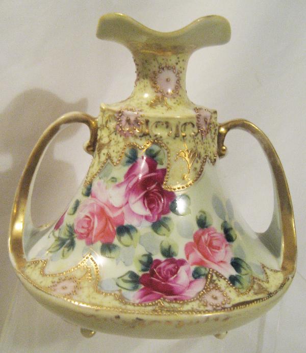 Nippon Blue maple leaf 2-handle footed ruffle: Nippon Blue maple leaf 2-handle footed ruffle top gold decorated vase with roses