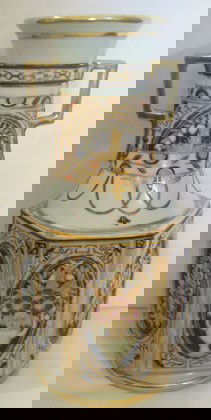 Nippon Green M with wreath 13 3/4" six-panel vase: Nippon Green M with wreath 13 3/4" six-panel vase with urn and floral decoration.