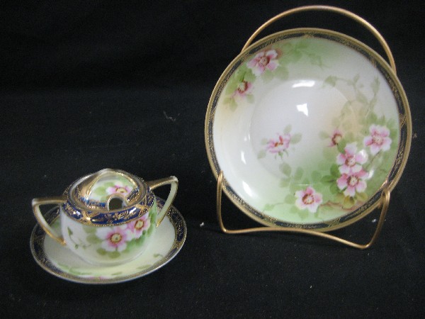 Nippon Green M with wreath cobalt and gold mustard: Nippon Green M with wreath cobalt and gold mustard pot and footed 6 3/4" bowl with cherry blossom decoration. Gold wear on handles and rim.