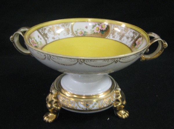 Unmarked Nippon punch bowl and standard with : Unmarked Nippon punch bowl and standard with yellow interior and beaded gold and grape vine decoration.