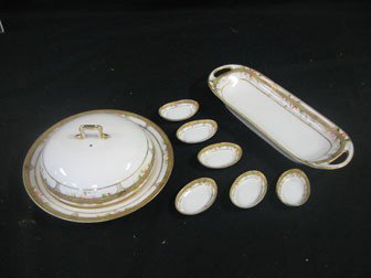 Nippon Magenta M with wreath pancake server, 12" : Nippon Magenta M with wreath pancake server, 12" celery and (6) salts. All with floral and gold decoration.