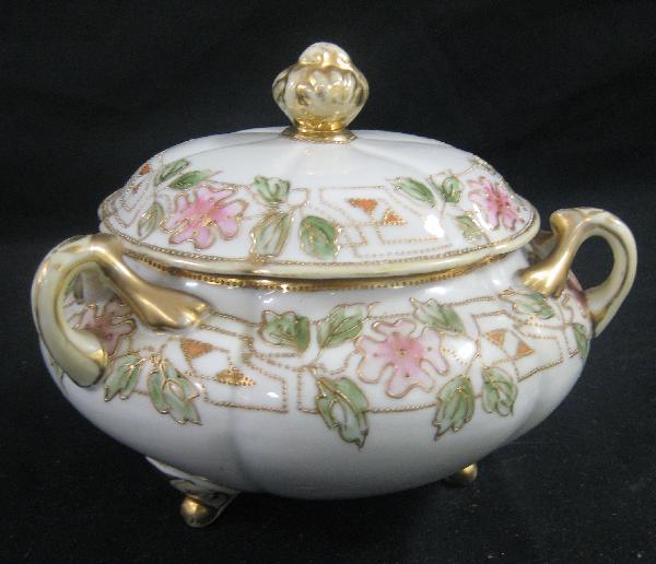 Nippon Green M with wreath footed cracker jar: Nippon Green M with wreath footed cracker jar with gold beading and shadow florals. Wear on gold.