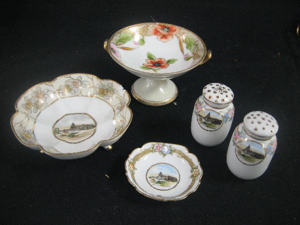 Nippon Green M with wreath bonbon with gold : Nippon Green M with wreath bonbon with gold and opppy decoration, and Magenta M with wreath souvenier pcs. including round dish, unmarked salt and pepper shaker set, and Green M with wreath footed 6-l