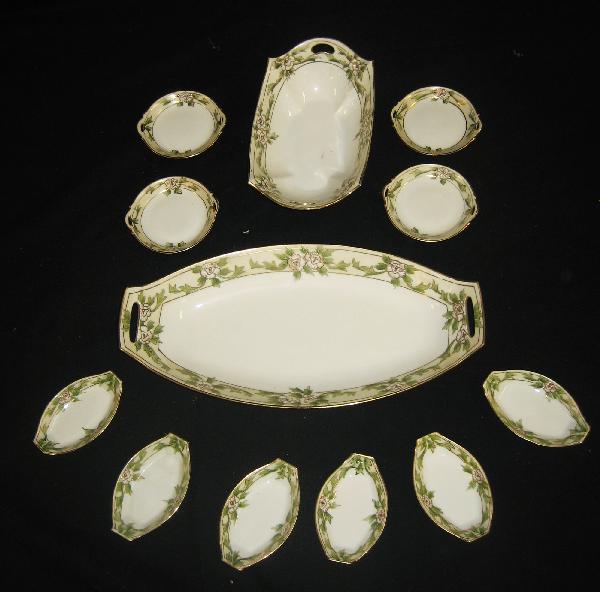 Blue Hand Painted Nippon 12 3/4" cellery with (6) : Blue Hand Painted Nippon 12 3/4" cellery with (6) salts, and Green M with wreath 8" deep relish with (4) small round dishes