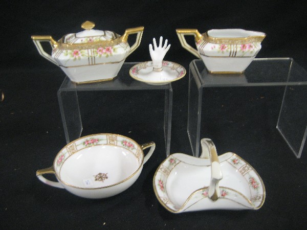 Nippon Green M with wreath beaded gold and floral: Nippon Green M with wreath beaded gold and floral bowl, basket, and cream and sugar, with Magenta M with wreath ring tree.