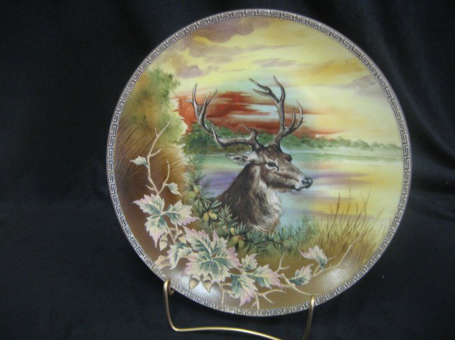 Nippon Blue M with wreath plaque with Christmas dee: Nippon Blue M with wreath 11" plaque with Christmas deer. Minor loss on border.