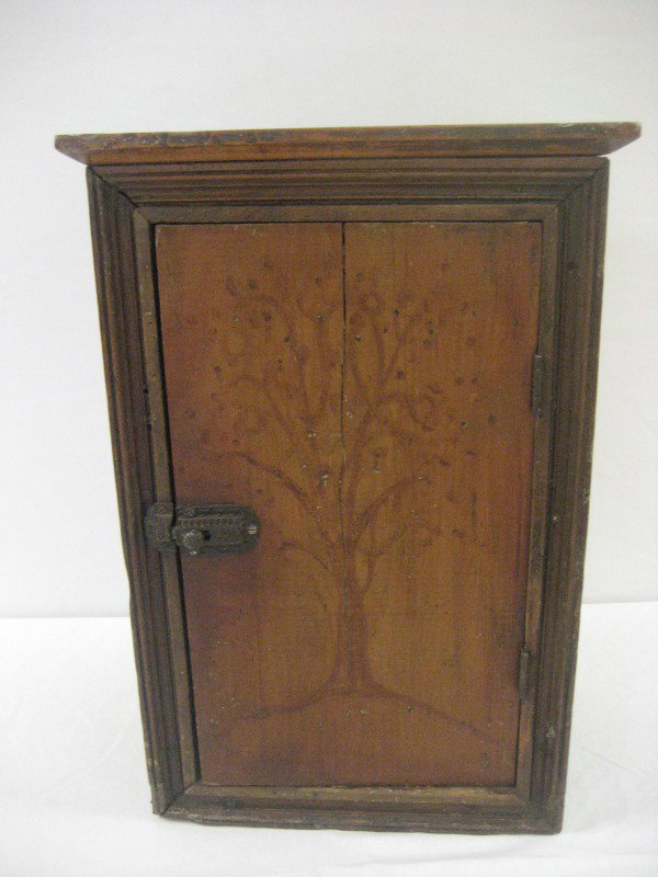 Fine Shaker style small box cupboard with outline o: Fine Shaker style small box cupboard with outline of a tree on its front. Framed front, divided interior. 20 1/2" tall, 13 3/4" wide, 9 1/4" deep.