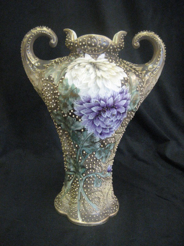 Nippon Blue Maple Leaf 11" shouldered vase with all: Nippon Blue Maple Leaf 11" shouldered vase with all-over beaded decoration. Possible rim restoration.